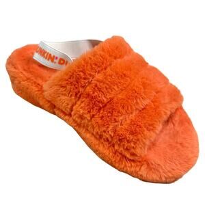 Dunkin Donuts Orange Fuzzy Slippers Women's Size 10 Rubber Sole Elastic Strap